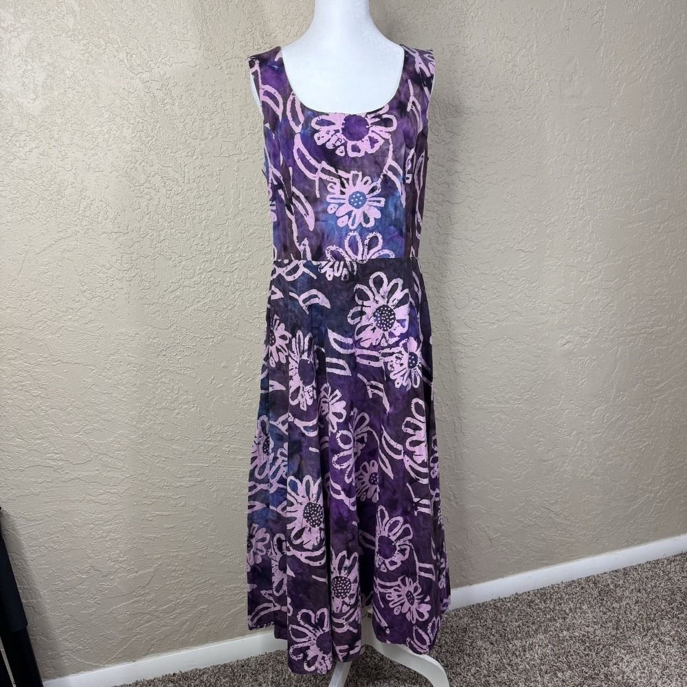 VTG Tropical Cotton Midi Dress Purple Fit Flare Handmade Retro Housewife Size 8
